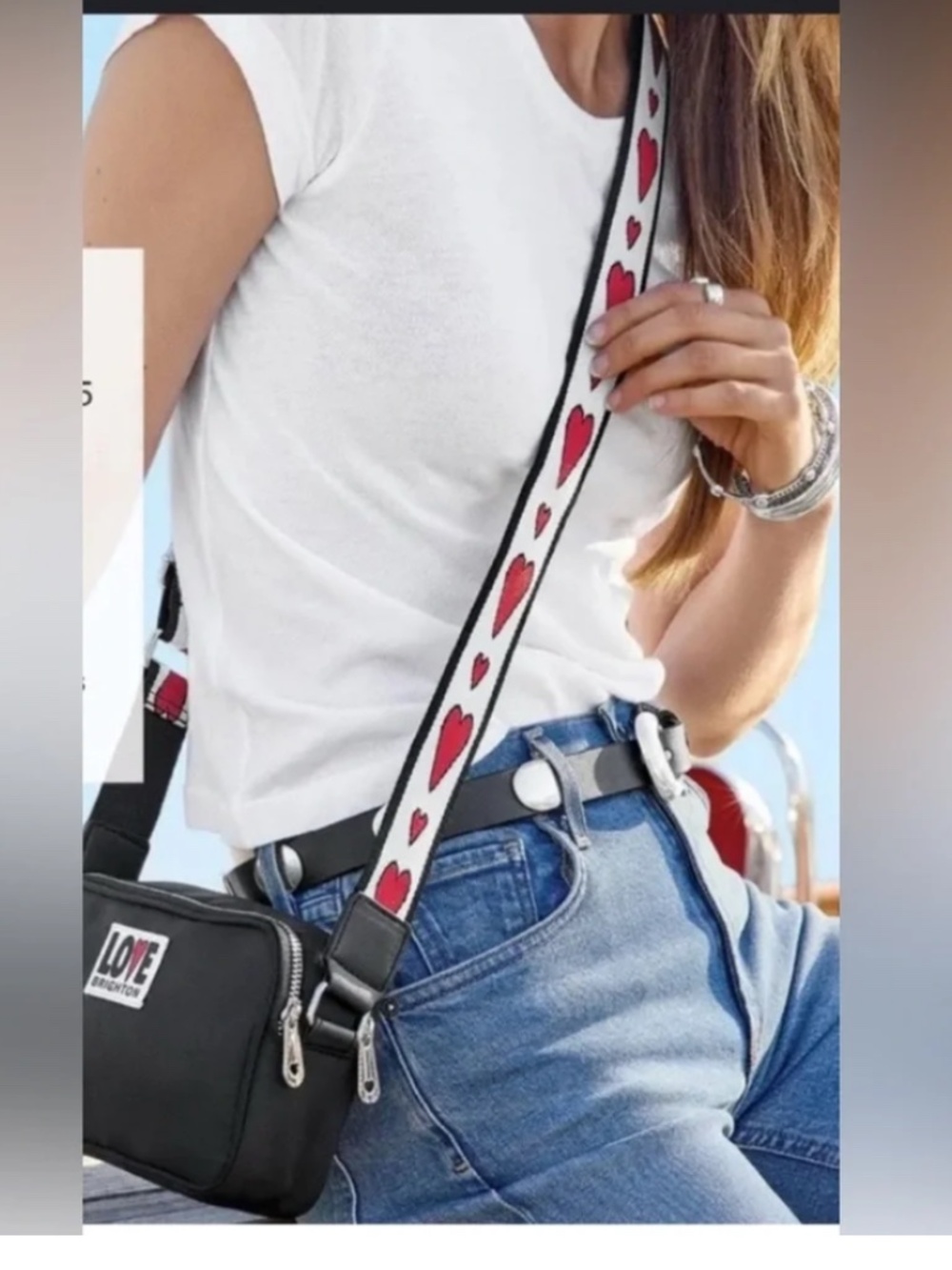 Brighton Love Essentials Black CrossbodyBag with White Strap and Red Hearts NWT